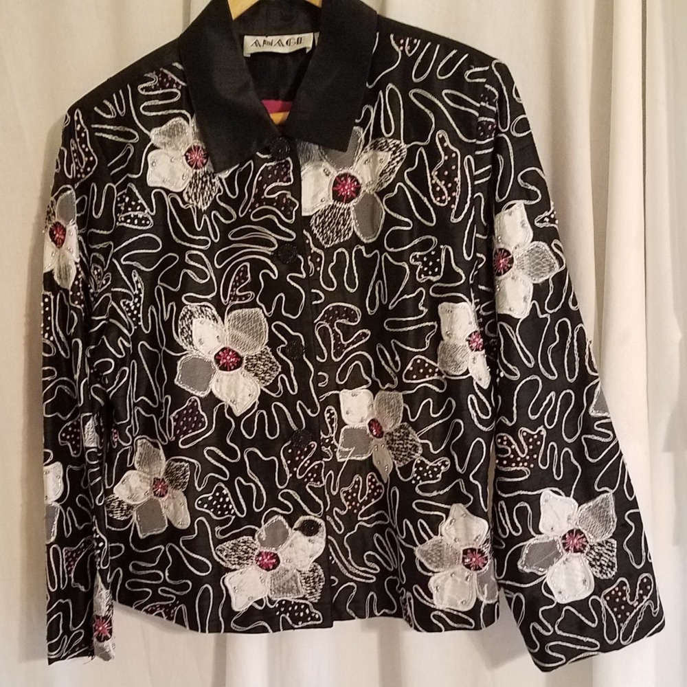 Vintage‎ Anage 100% Silk Embroidered Beaded Jacket Black Pink Floral Size Med